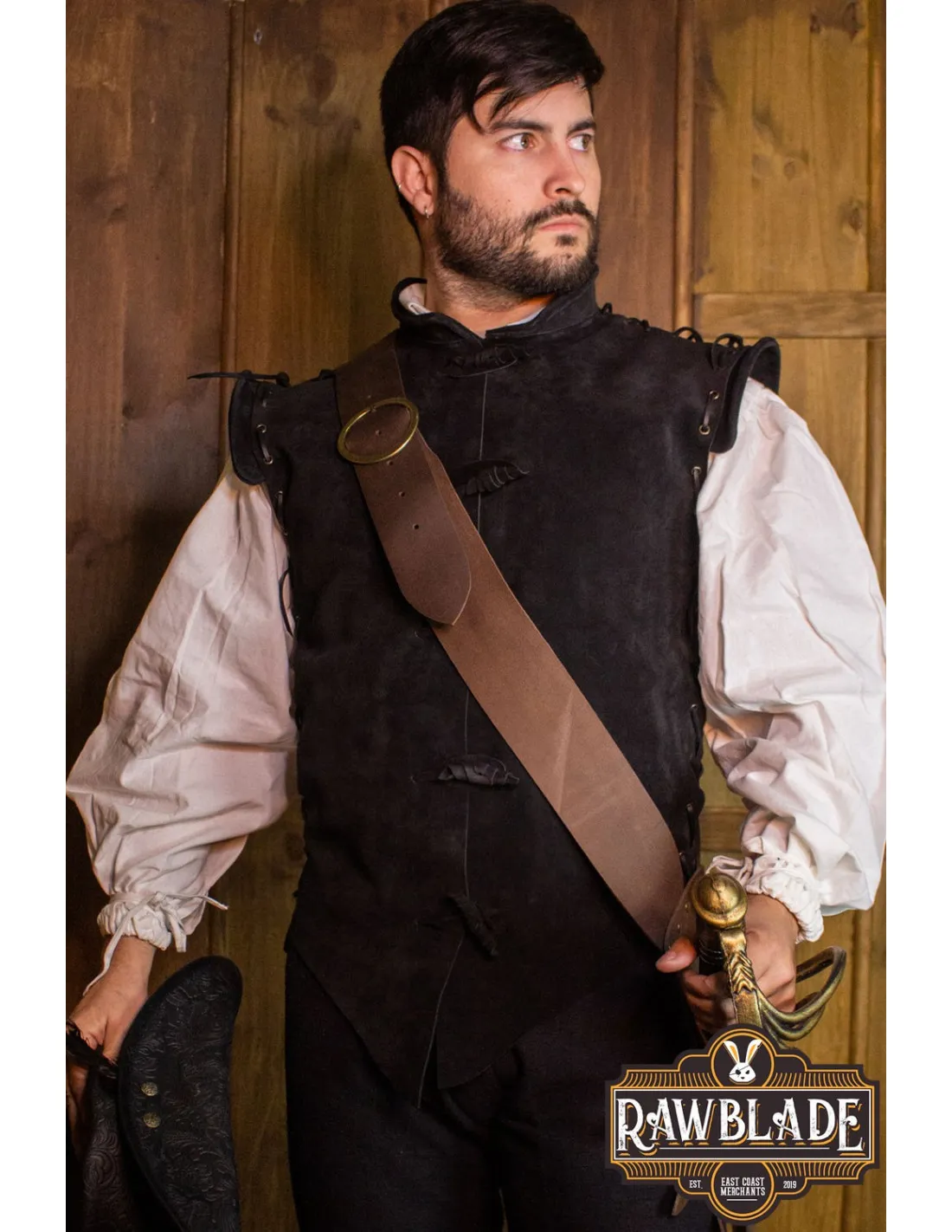 Jubón medieval Diego en piel de serraje - Negro