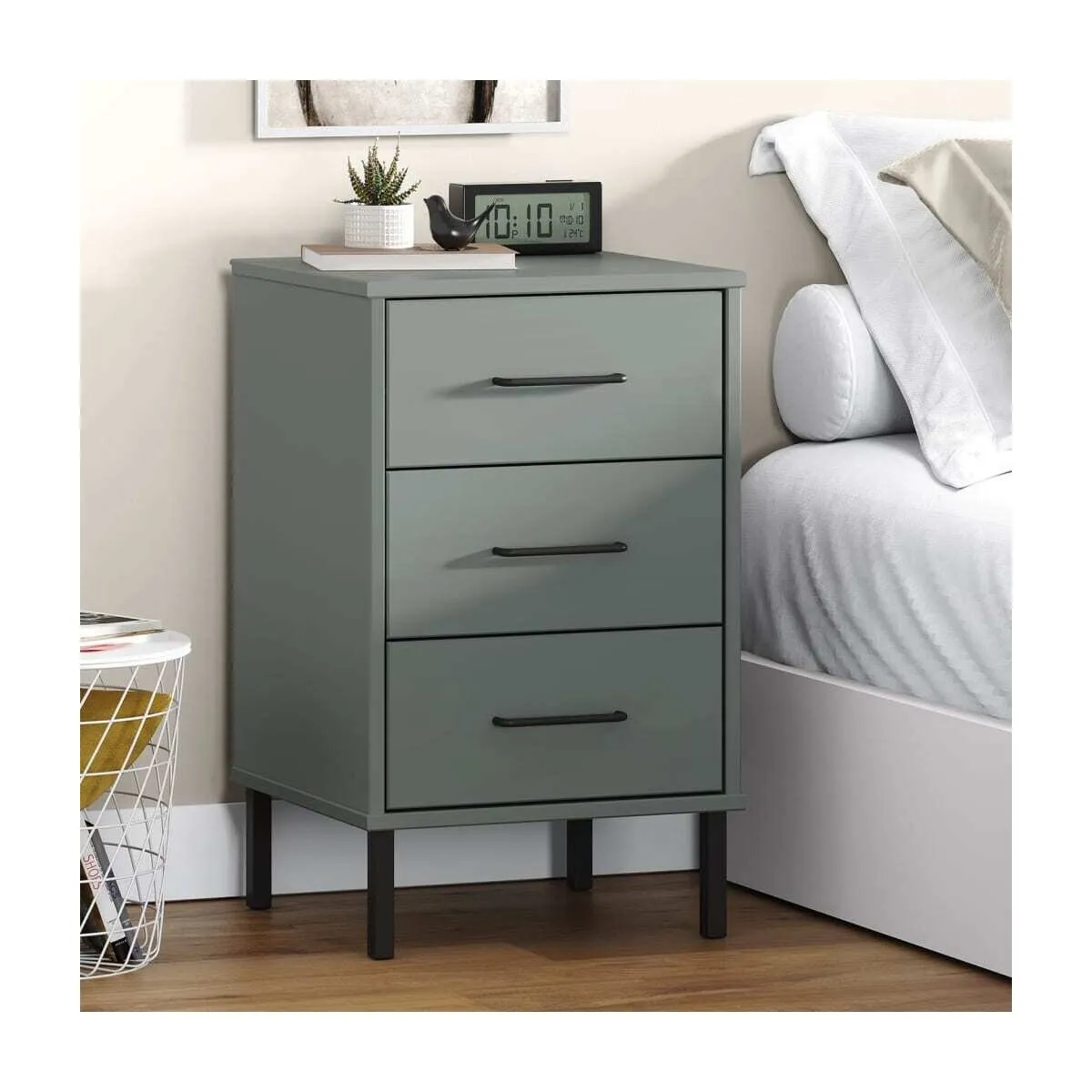 Mesita de noche patas de metal madera maciza pino gris OSLO