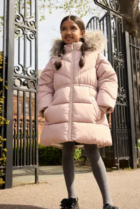 Rosa caramelo - Abrigo acolchado e impermeable con borde de capucha de pelo sintético (3-16 años)
